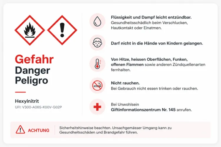 Gefahrensymbole und Sicherheitshinweise für Hexylnitrit UFI V300-A06S-K00V-G02P