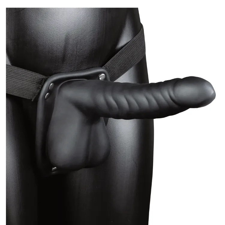 [OU817BLK] Ouch! Ribbed Hollow Strap-On with Balls – 21 cm – Black