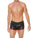 Versatile schwarze Ledershorts mit roten Streifen S/M